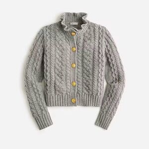 J. Crew Cable Knit Ruffle Neck Cardigan Sweater Gold Buttons Size XS BV351